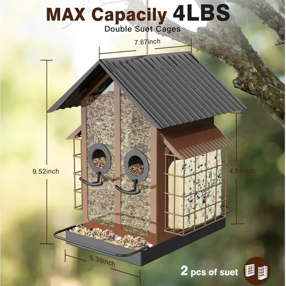 All Metal Bird Feeder w/ Double Suet Cages & Weatherproof Roof 3 In 1. New